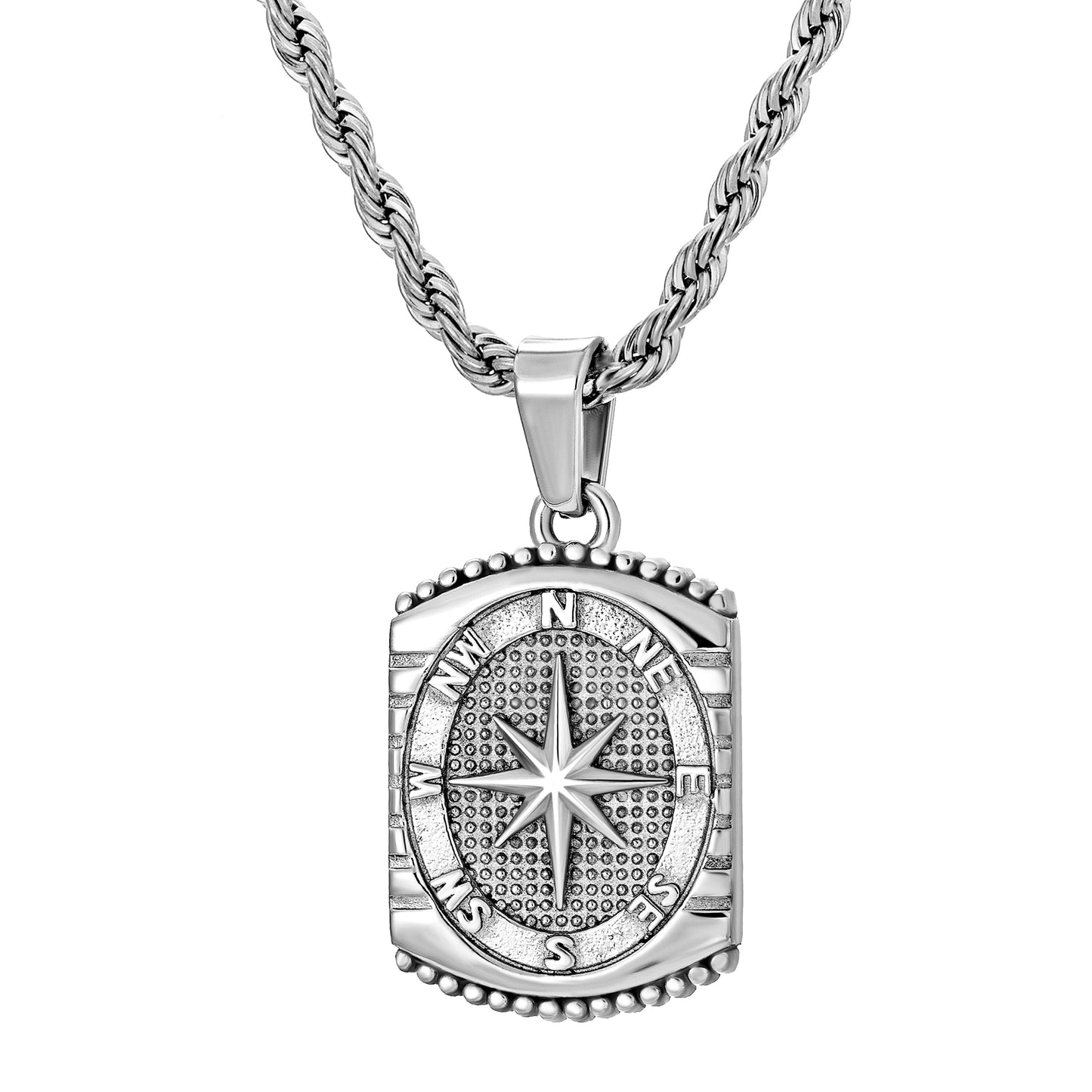 Silver  Rectangle Compass Pendant Necklace Twisted Rope Chain N00626