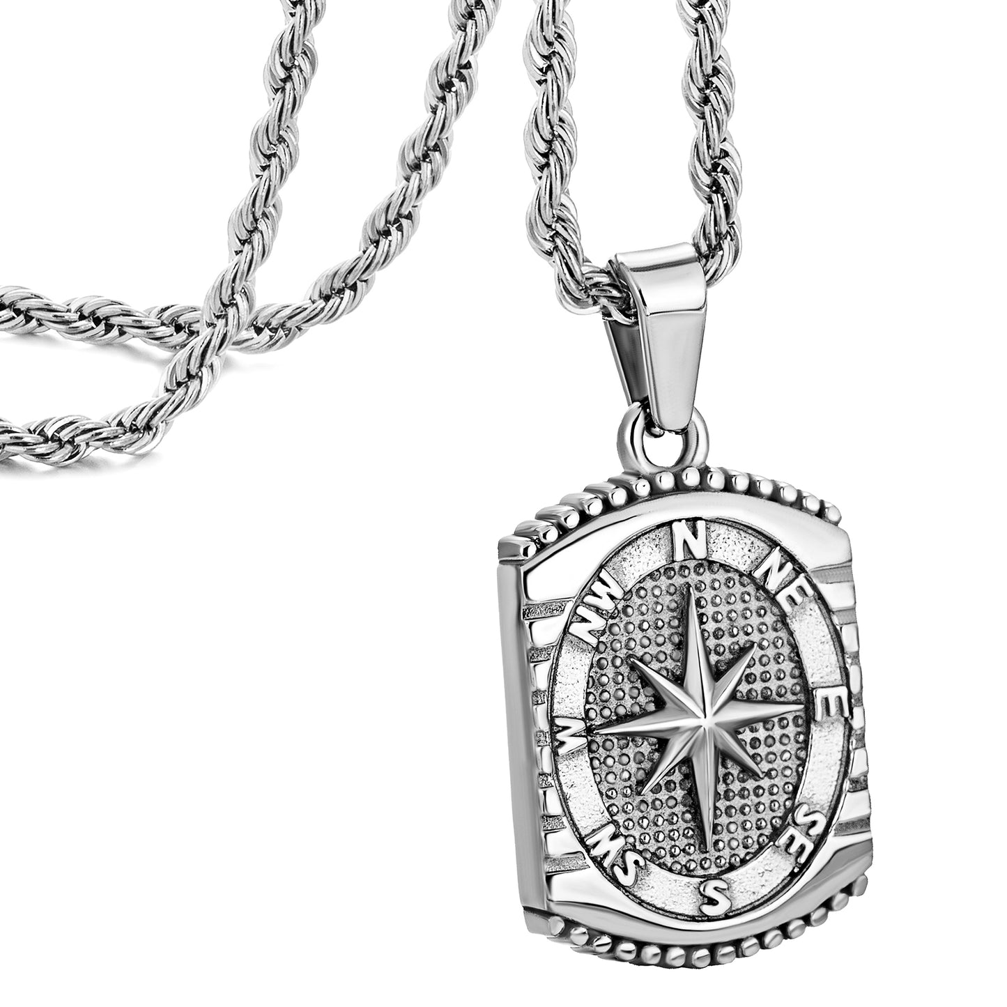 Silver  Rectangle Compass Pendant Necklace Twisted Rope Chain N00626