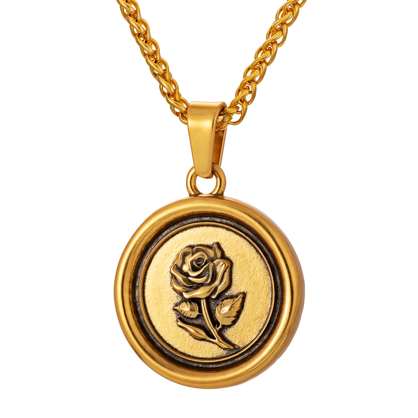 Gold Rose Pendant Necklace Wheat Chain N01561