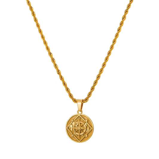 Gold Coin Compass Pendant Necklace Twisted Rope Chain N00382