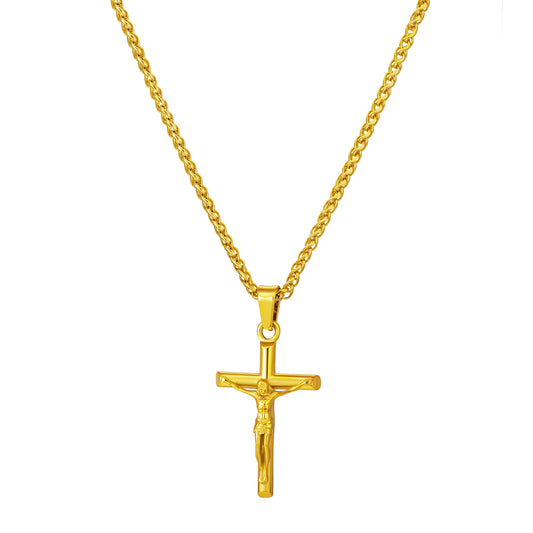 Gold Jesus Cross Necklace Wheat Chain N00424