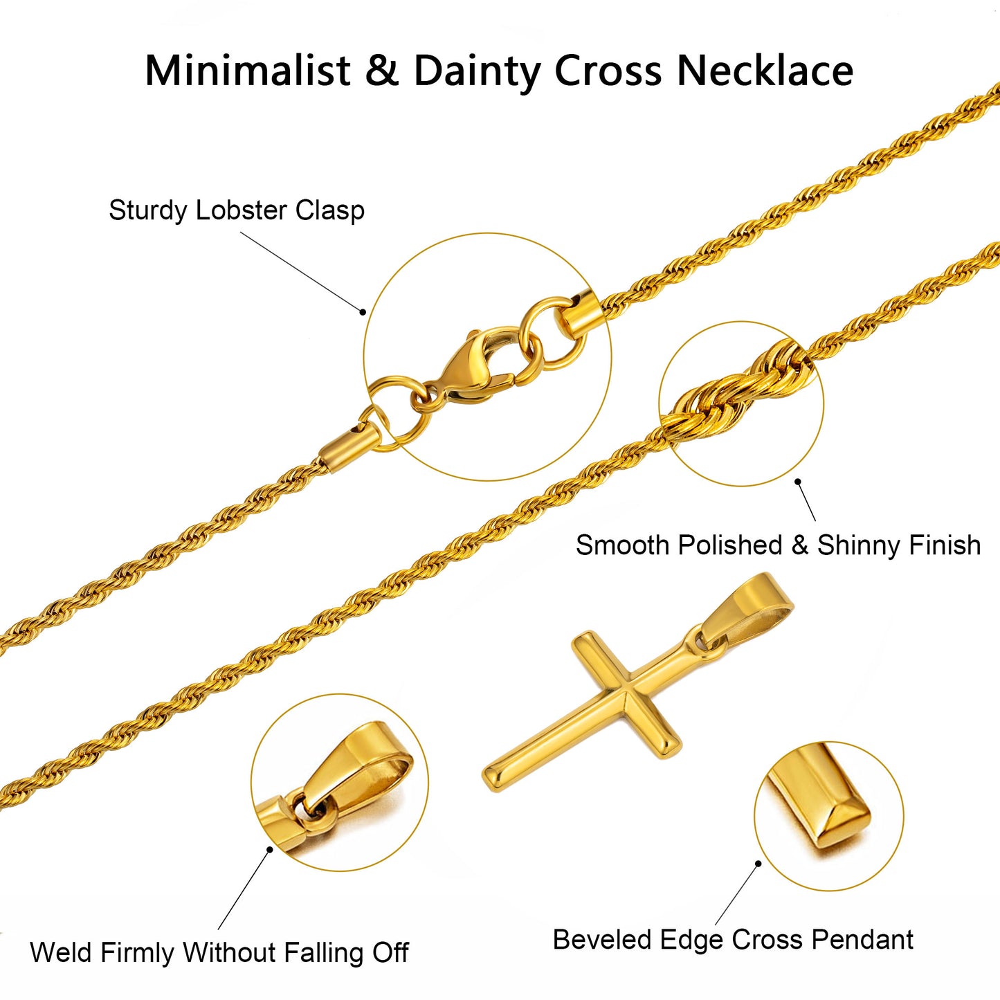 Gold Cross  Necklace Twisted Rope Chain N00334