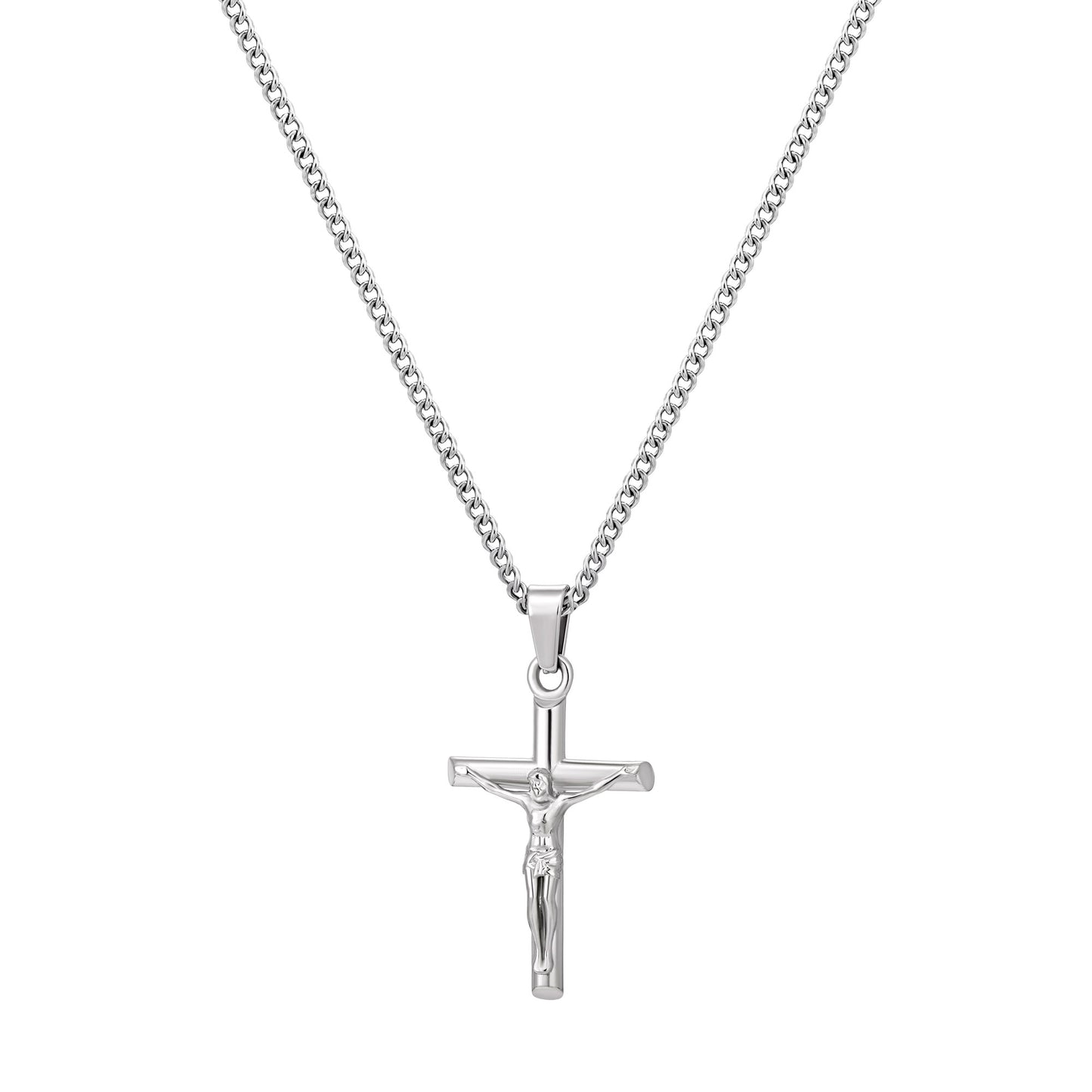 Silver Jesus Cross Necklace Curb Chain N00411