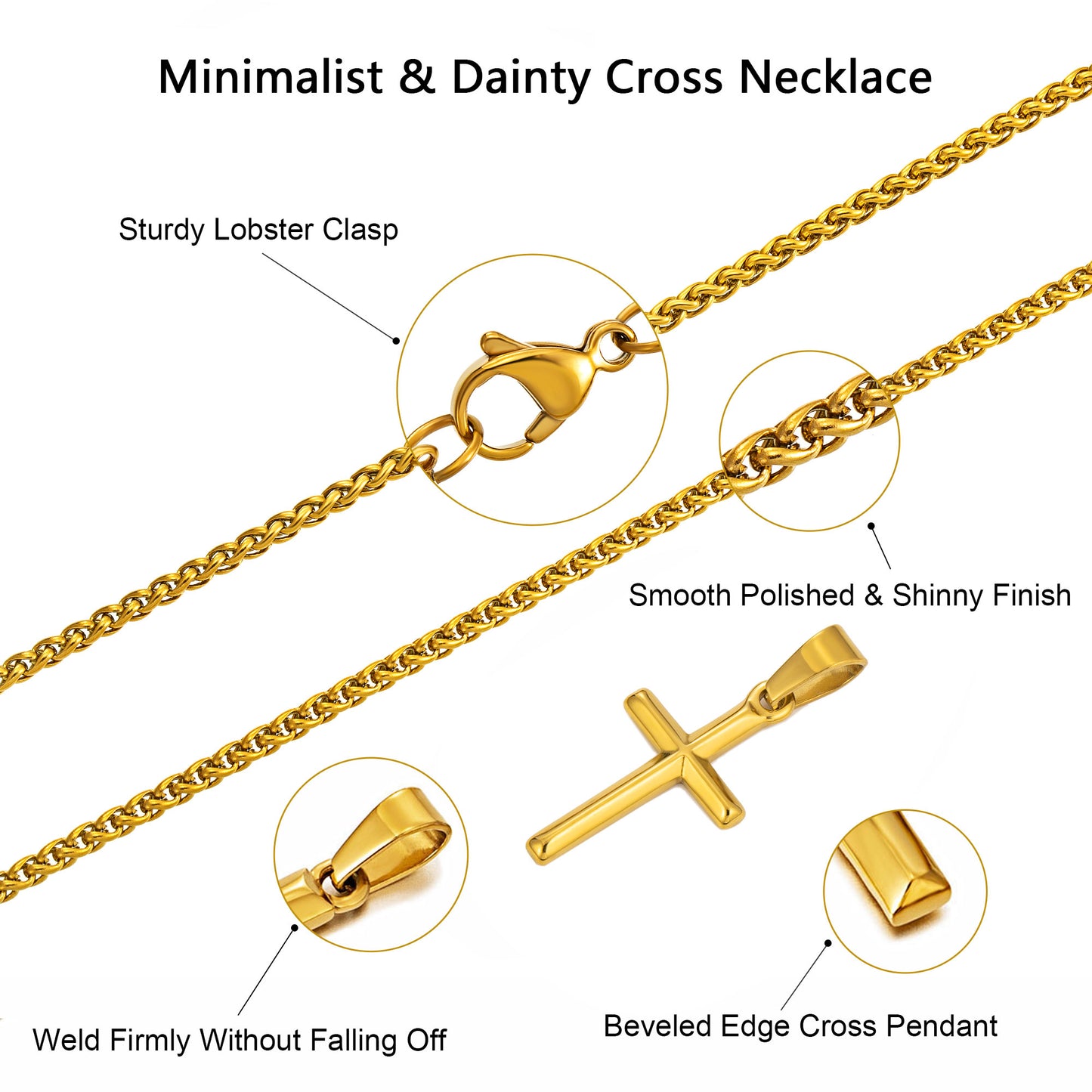 Gold Cross Necklace With Wheat Chain N00335