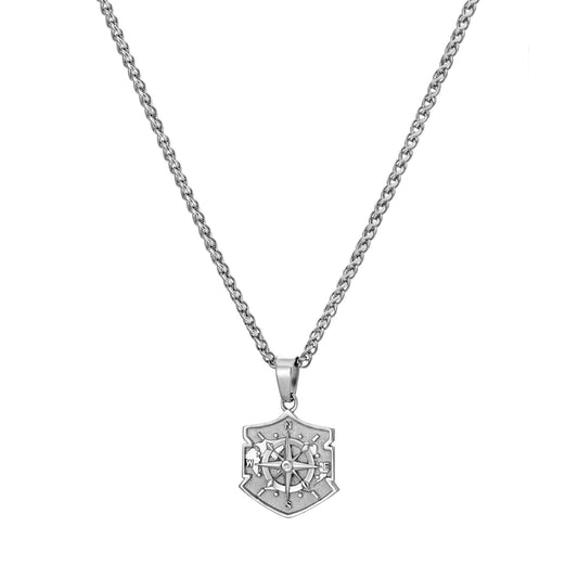 Silver Shield Compass Pendant Necklace Wheat Chain N00395