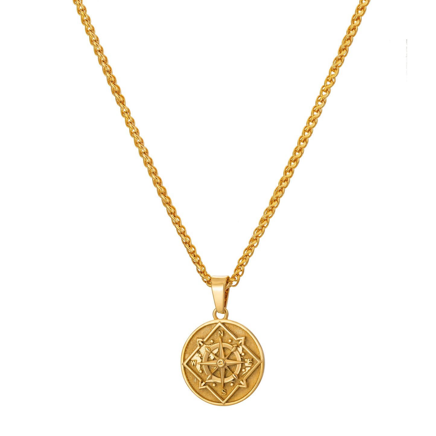 Gold Coin Compass Pendant Necklace Wheat Chain N00383