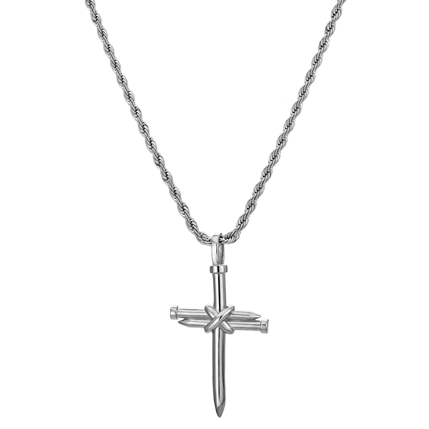 Silver Nail Cross Necklace Twisted Rope Chain N00362