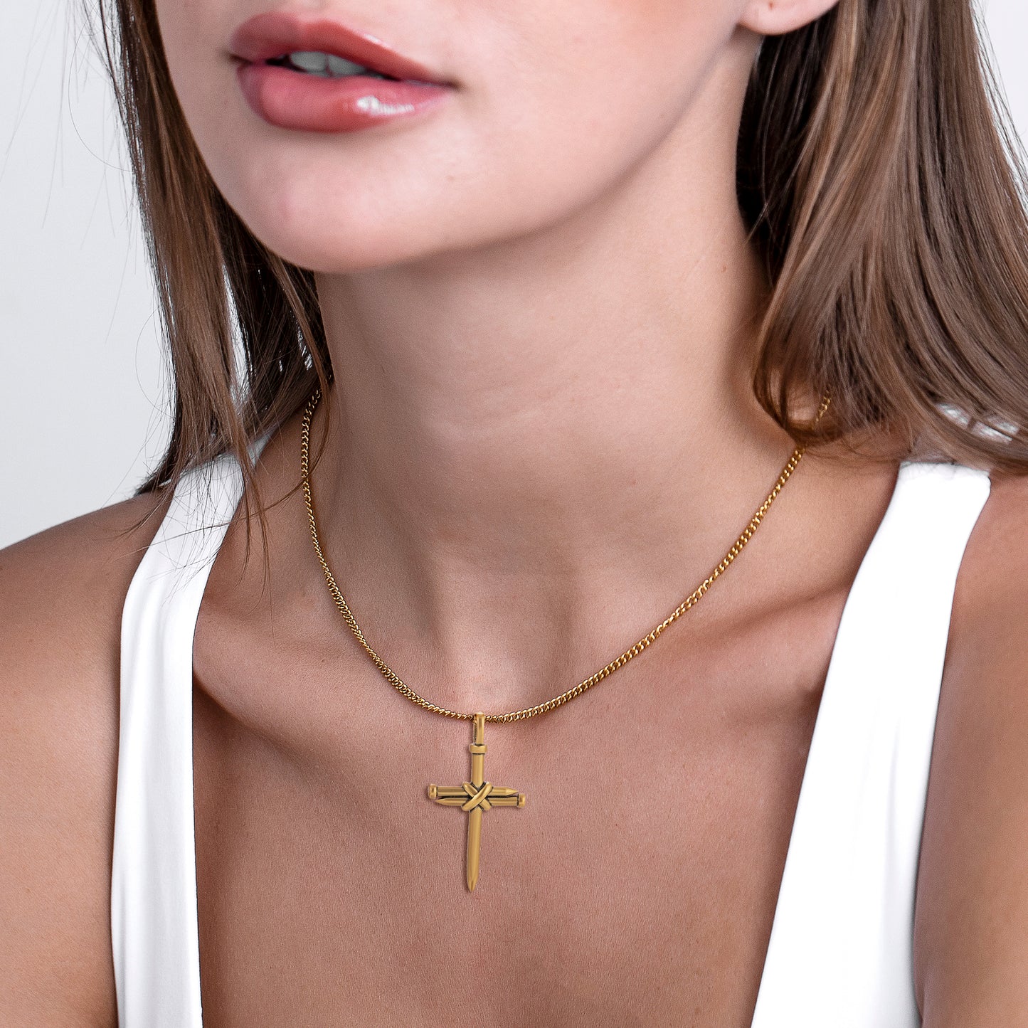 Antique Gold Nail Cross Necklace Curb Chain N01627