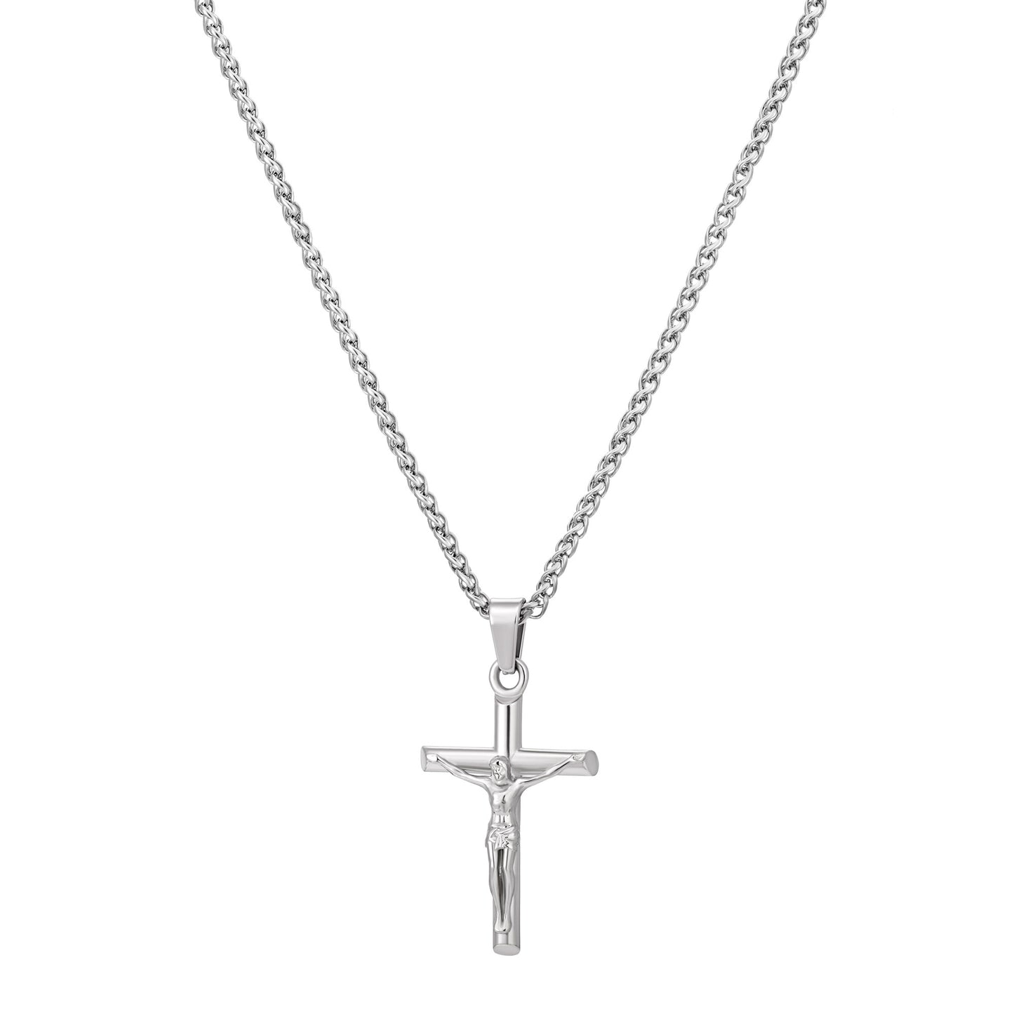 Silver Jesus Cross Necklace Wheat Chain N00418