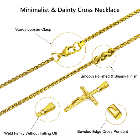 Gold Jesus Cross Necklace Wheat Chain N00424