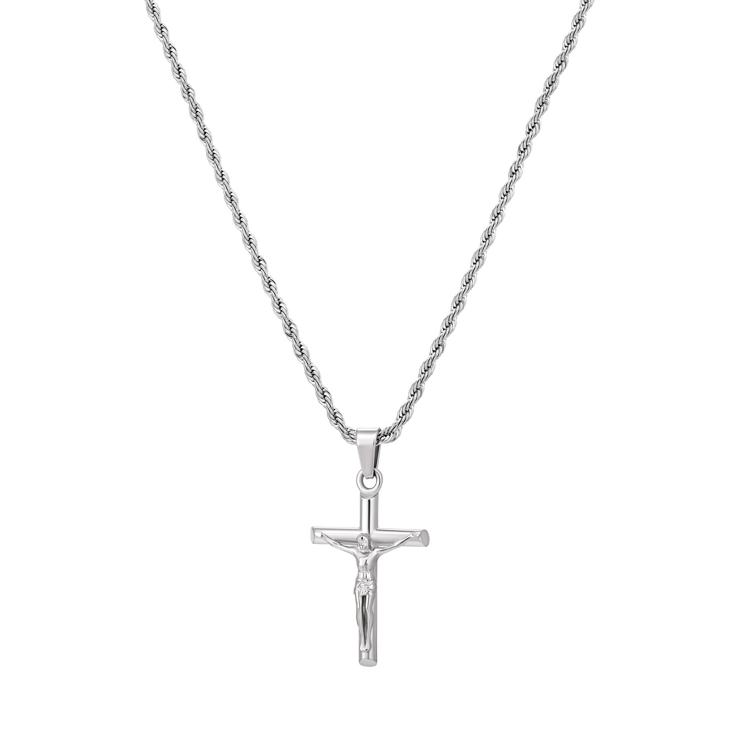 Silver Jesus Pendant Necklace Twisted Rope Chain N00417