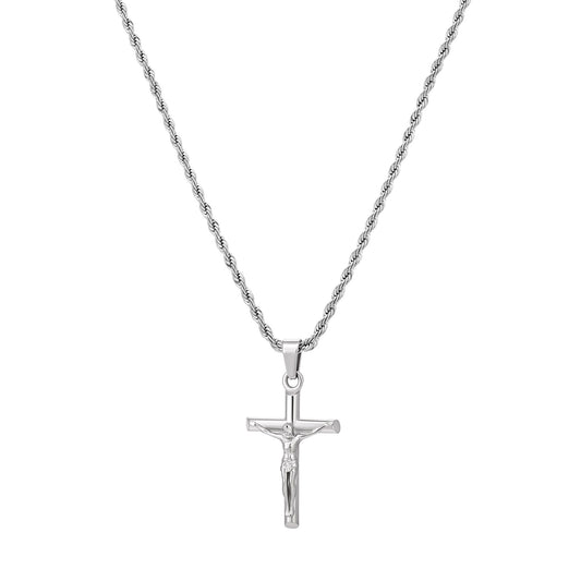 Silver Jesus Pendant Necklace Twisted Rope Chain N00417