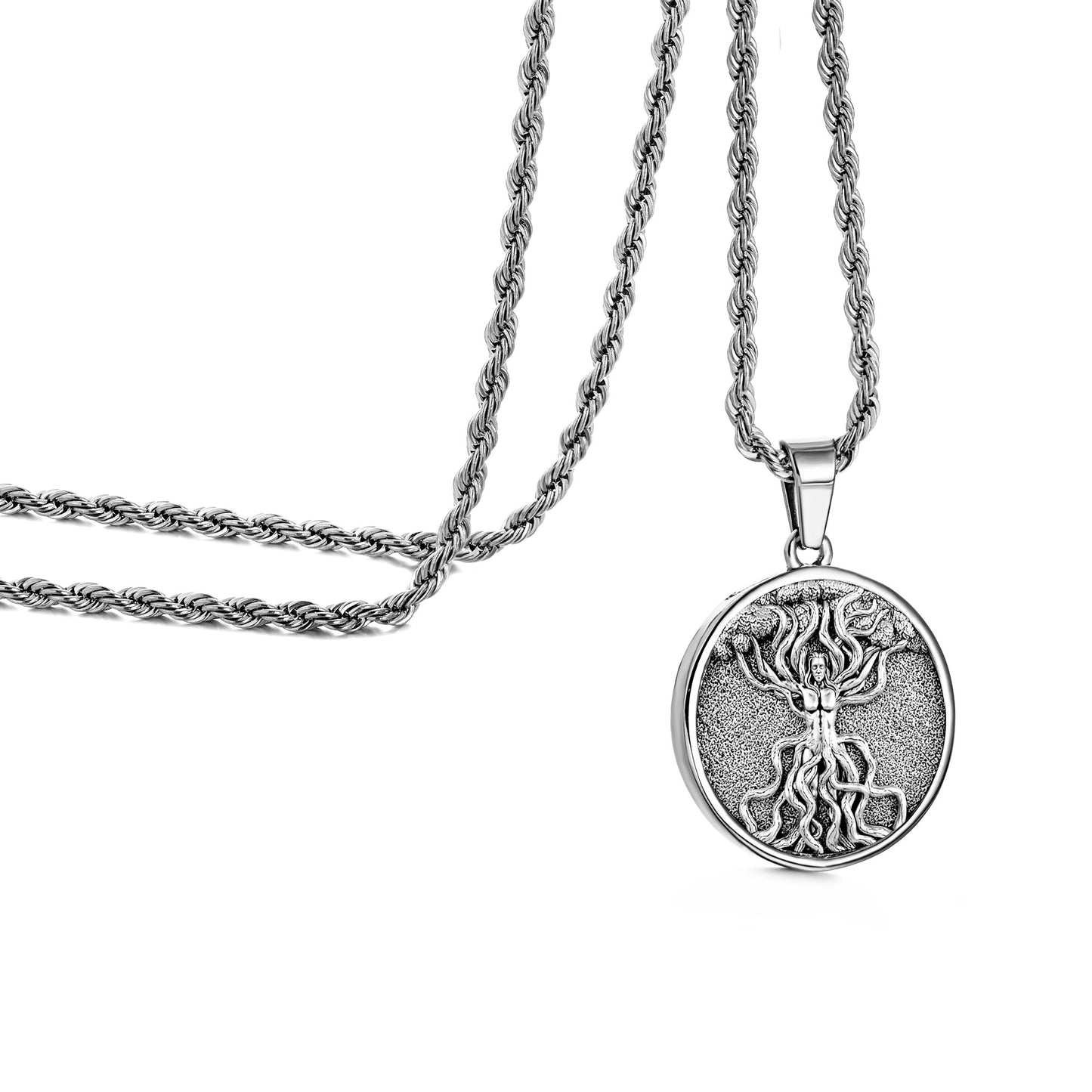 Silver Tree of Life Pendant Necklace Twisted Rope Chain N00402