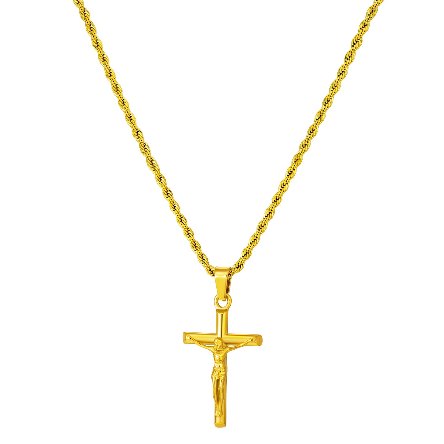 Gold Jesus Cross Necklace Twisted Rope Chain N00423