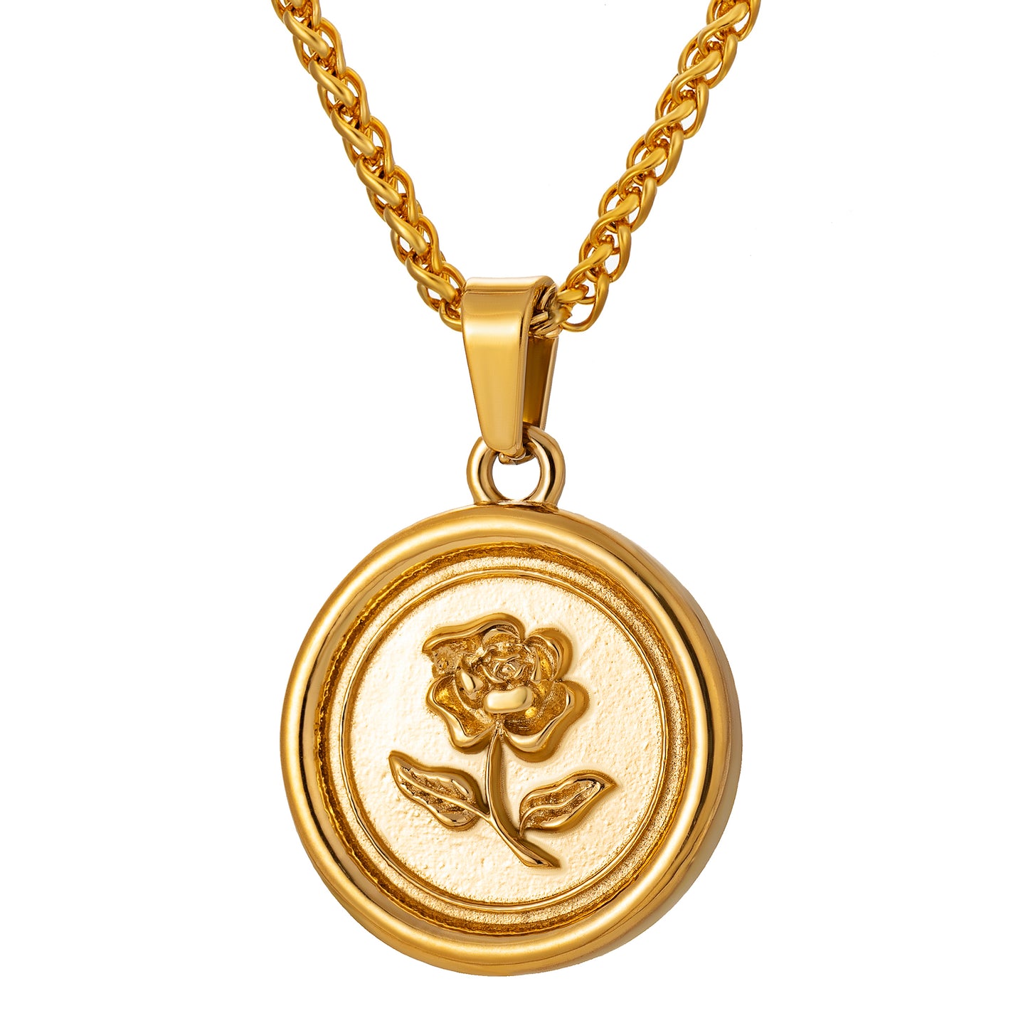 Gold Rose Pendant Necklace Wheat Chain N00860