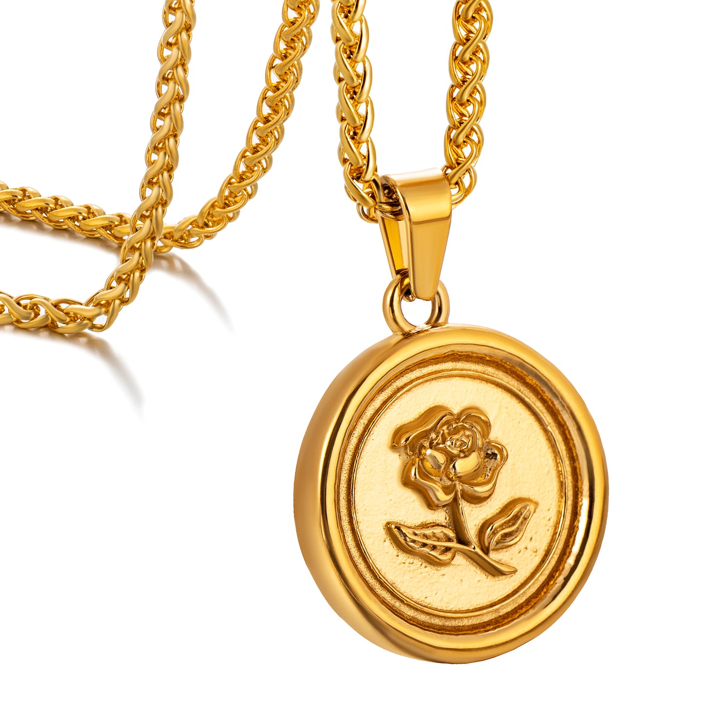 Gold Rose Pendant Necklace Wheat Chain N00860