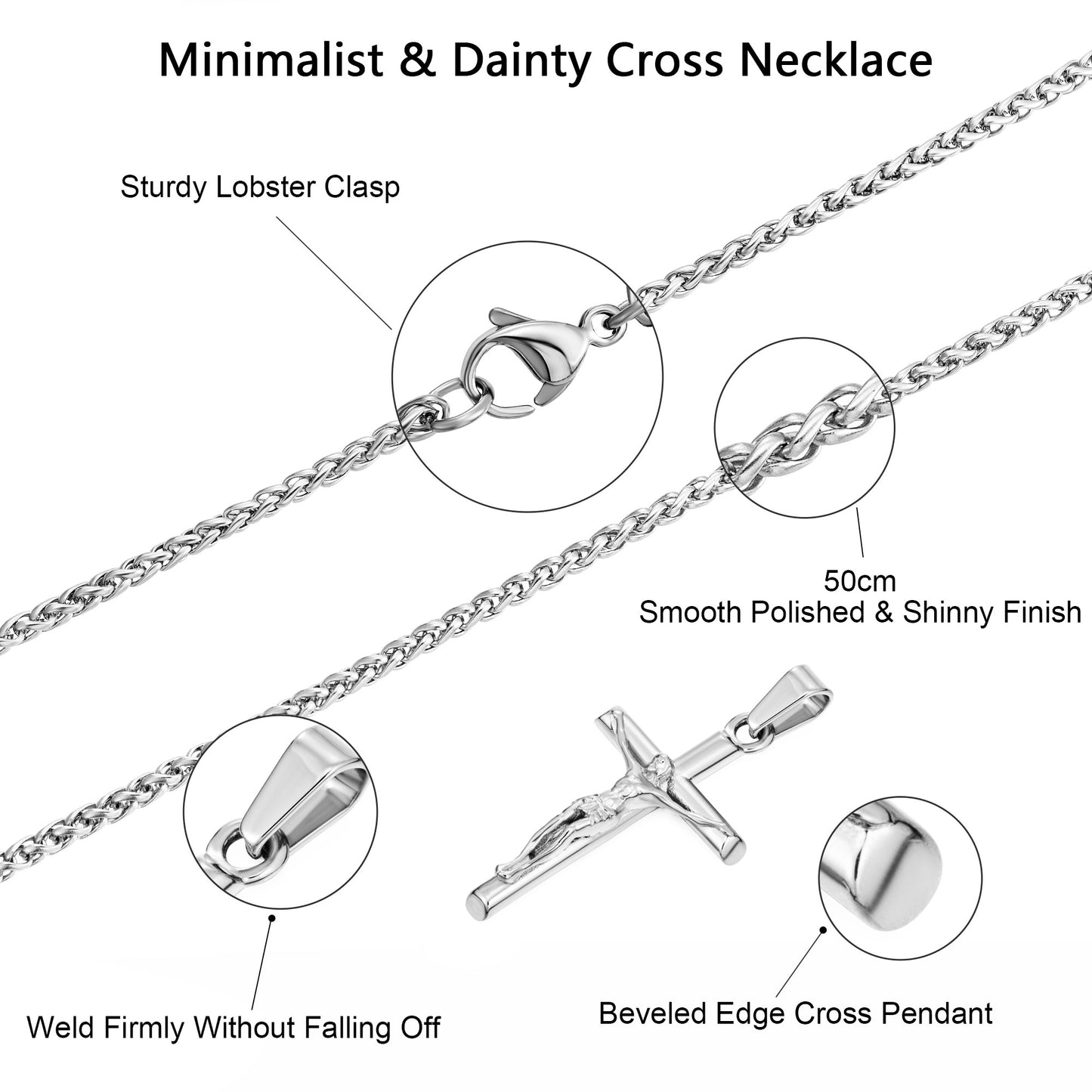 Silver Jesus Cross Necklace Wheat Chain N00418