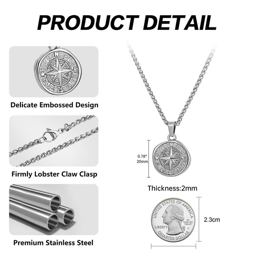 Silver Compass Pendant Necklace Wheat Chain N00693