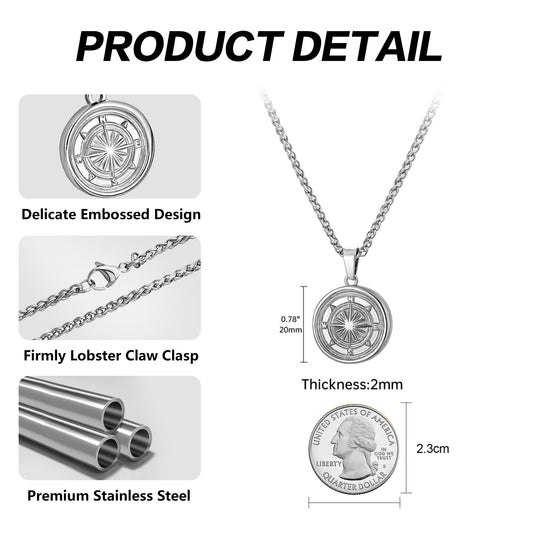 Silver Compass Pendant Necklace Wheat Chain N00671