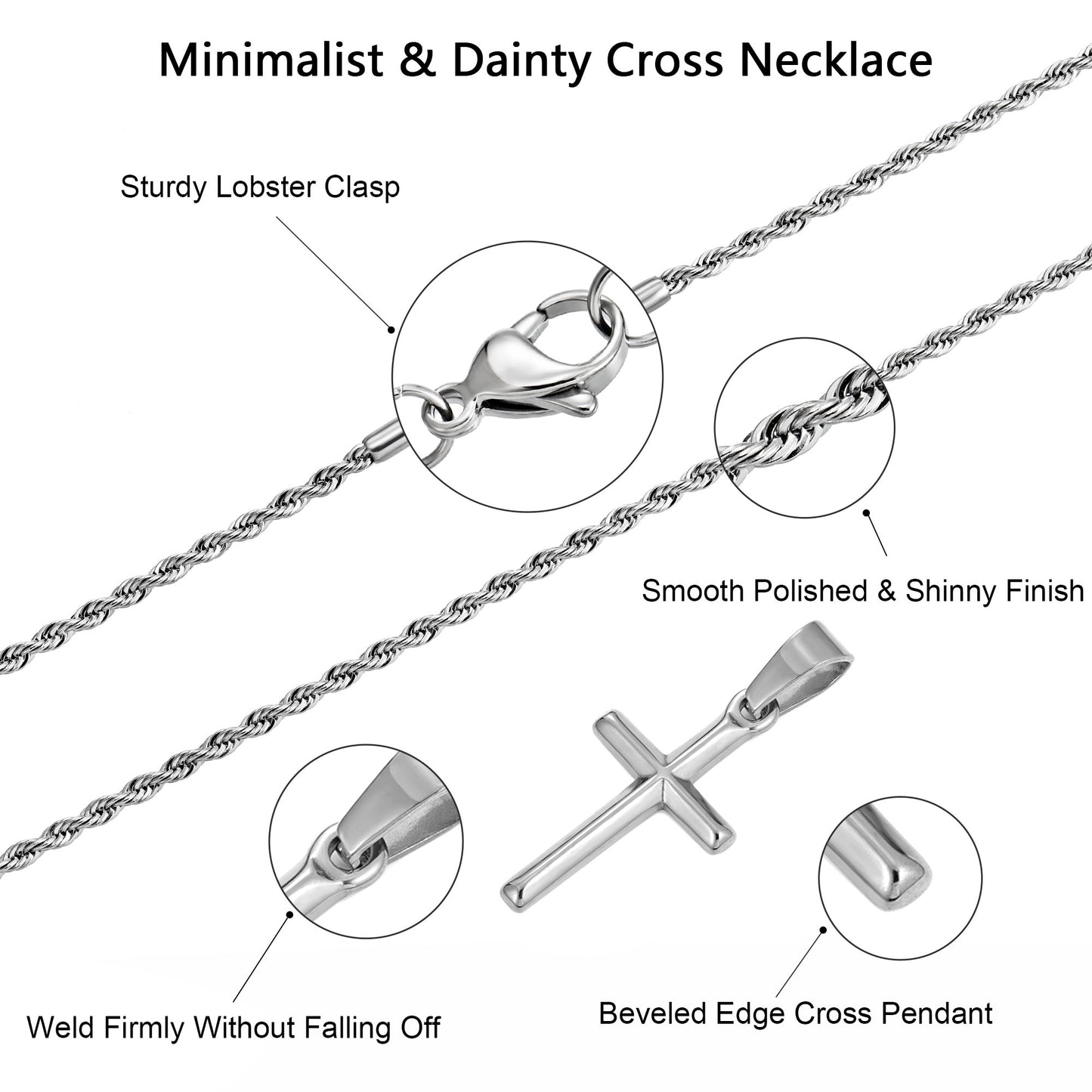 Silver Cross Necklace Twisted Rope Chain N00330