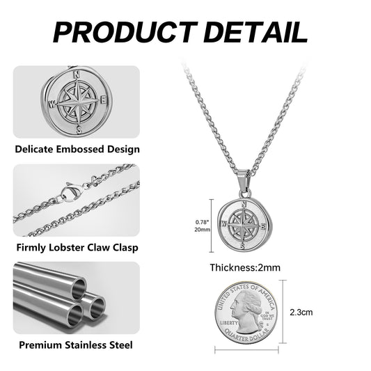 Silver Compass Pendant Necklace Wheat Chain N00649