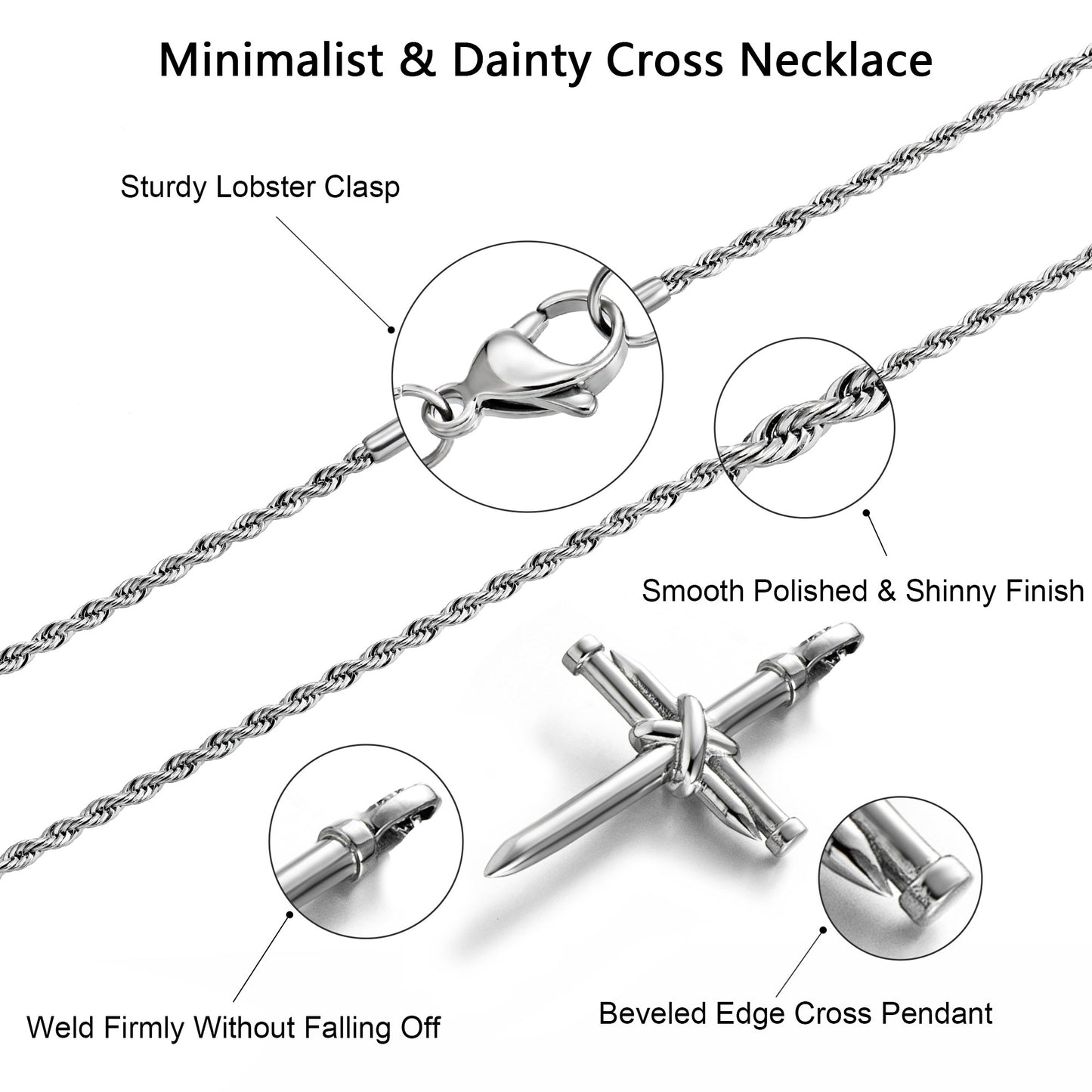 Silver Nail Cross Necklace Twisted Rope Chain N00362