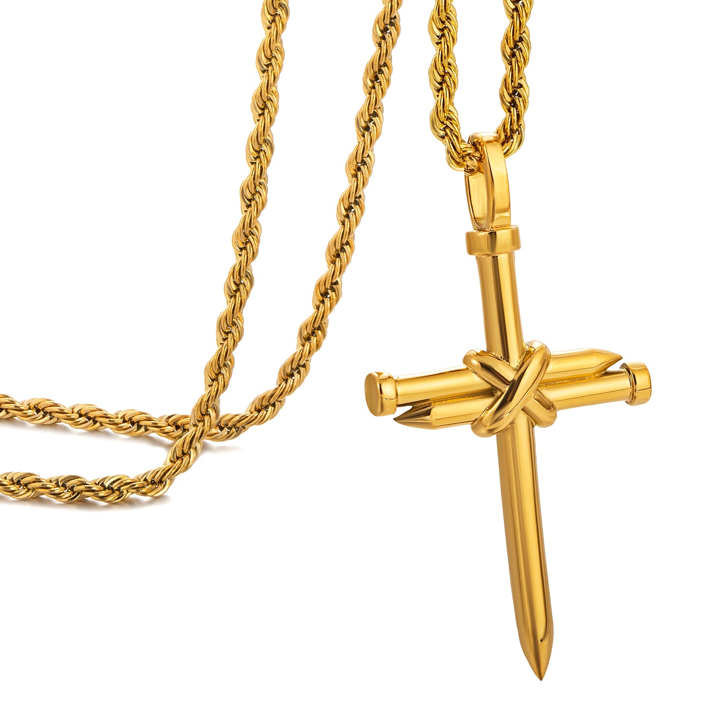 Gold Nail Cross Necklace Twisted Rope Chain N01615