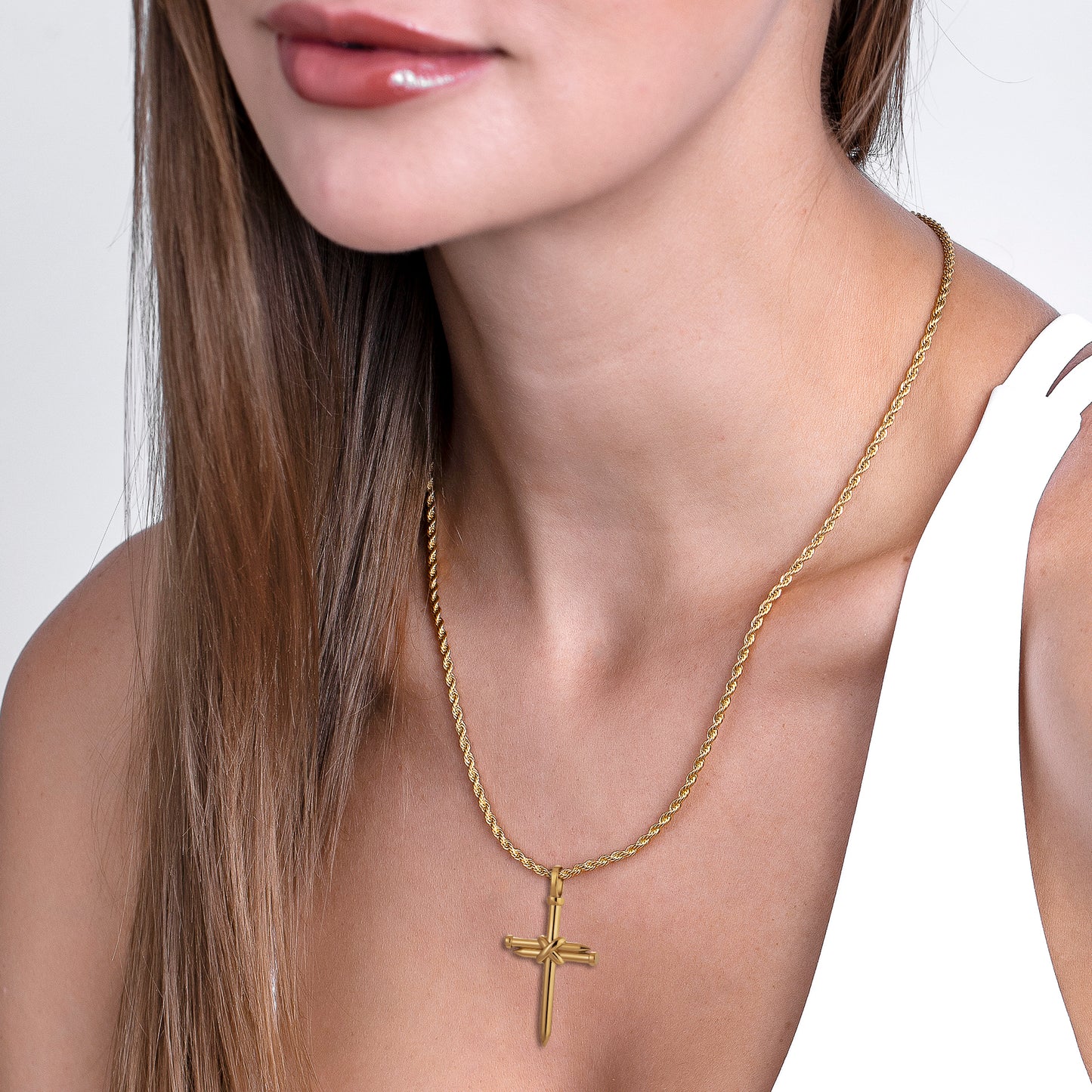 Gold Nail Cross Necklace Twisted Rope Chain N01615