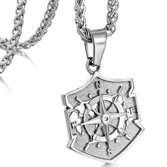 Silver Shield Compass Pendant Necklace Wheat Chain N00395