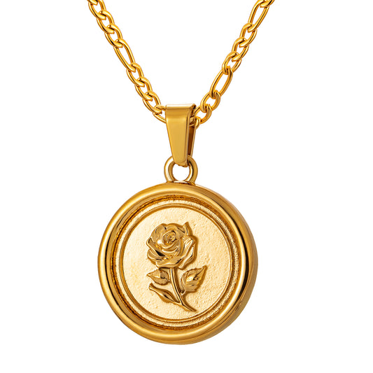 Gold Rose Pendant Necklace Figaro Chain N01545