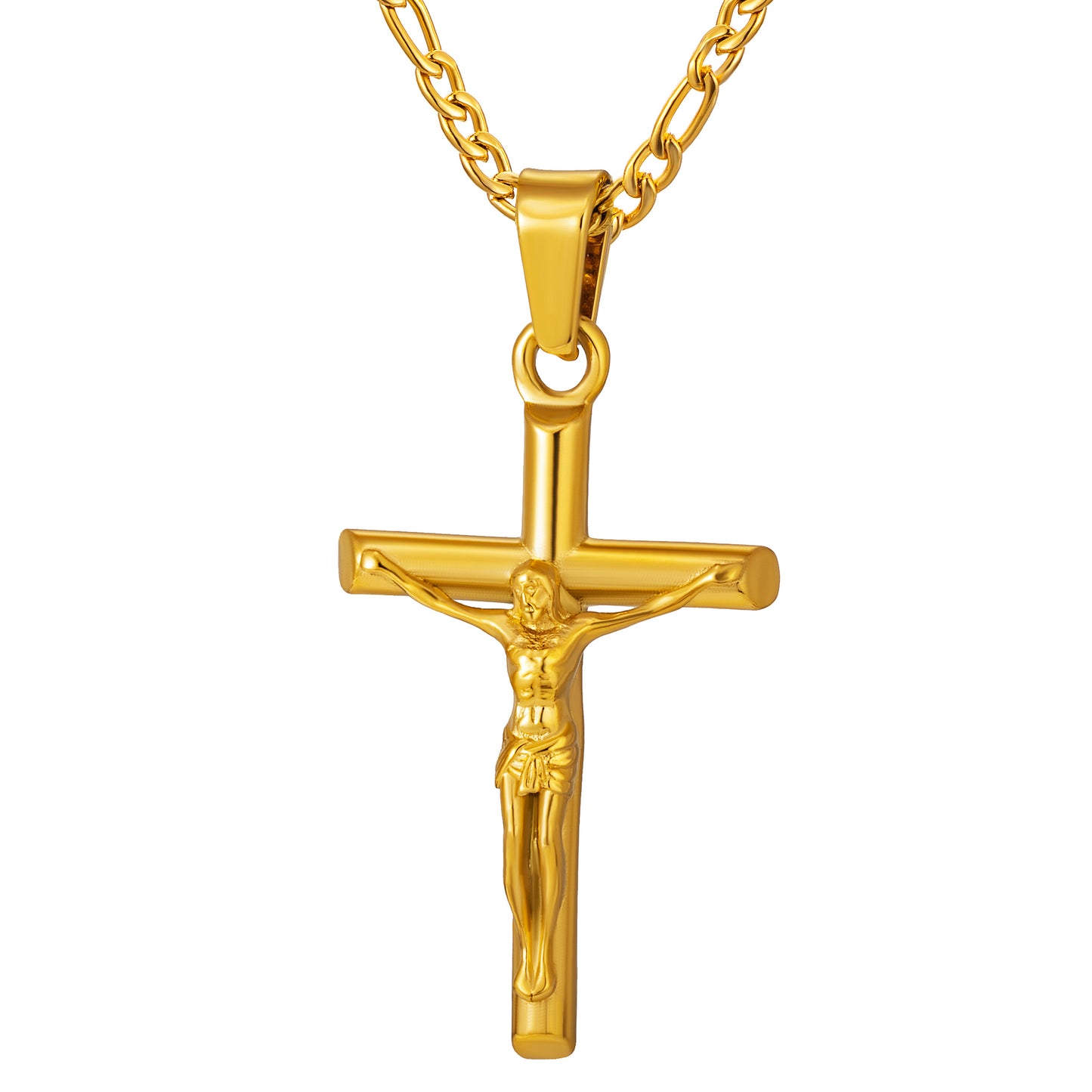 Gold Jesus Cross Necklace Figaro Chain N01790