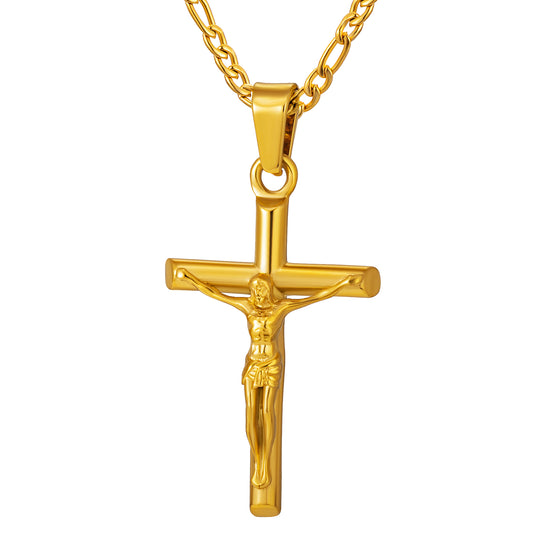 Gold Jesus Cross Necklace Figaro Chain N01790