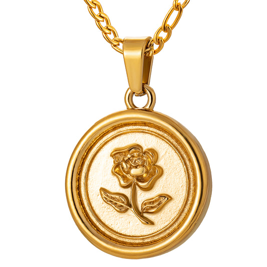 Gold Rose Pendant Necklace Figaro Chain N00861