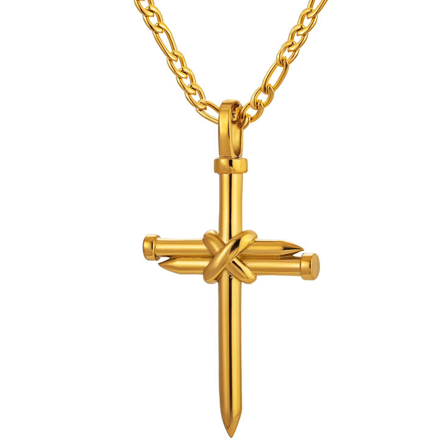 Gold Nail Cross Necklace Figaro Chain N01617