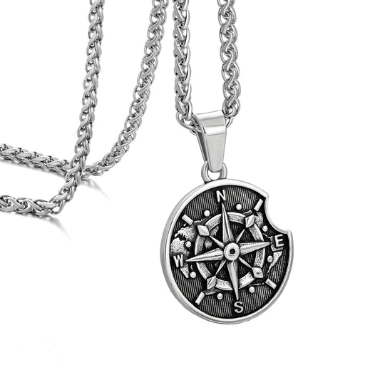 Antique Silver Apple Compass Pendant Necklace Wheat Chain N00550