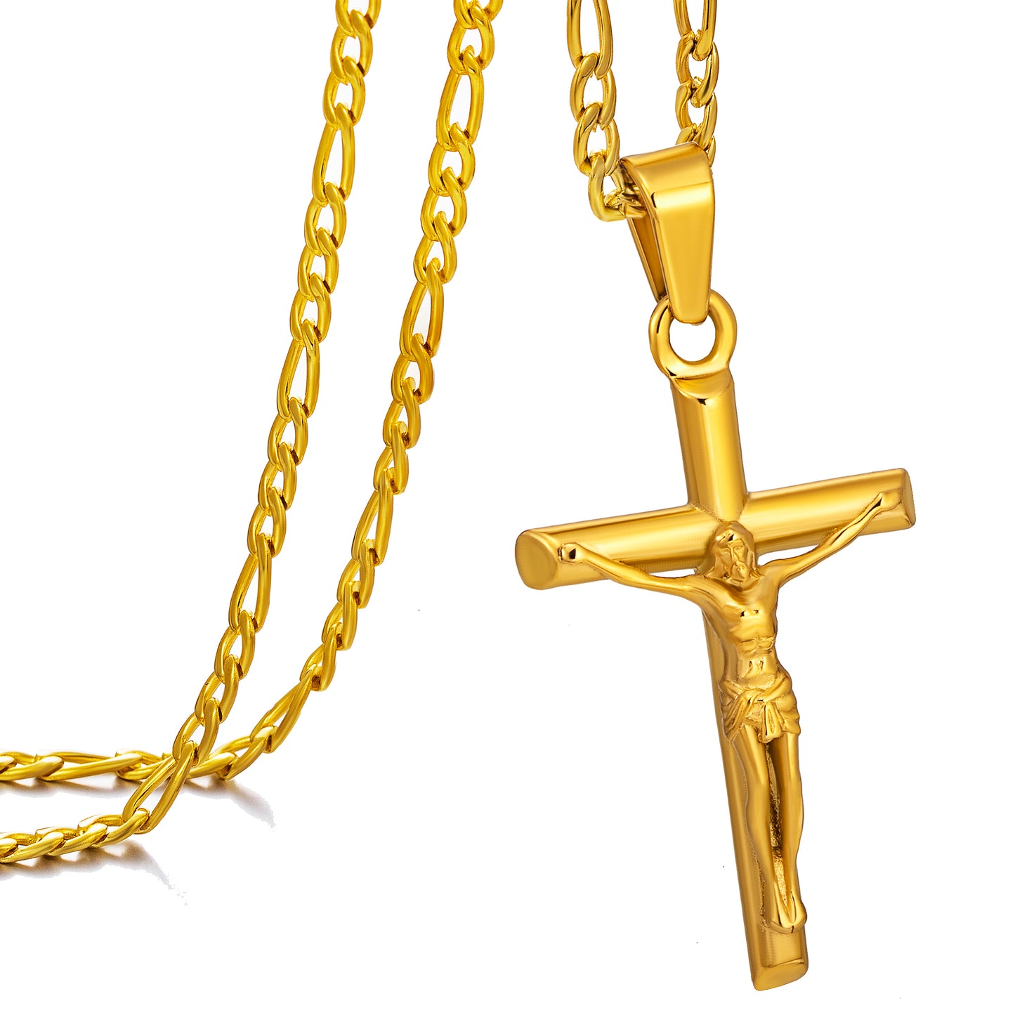 Gold Jesus Cross Necklace Figaro Chain N01790