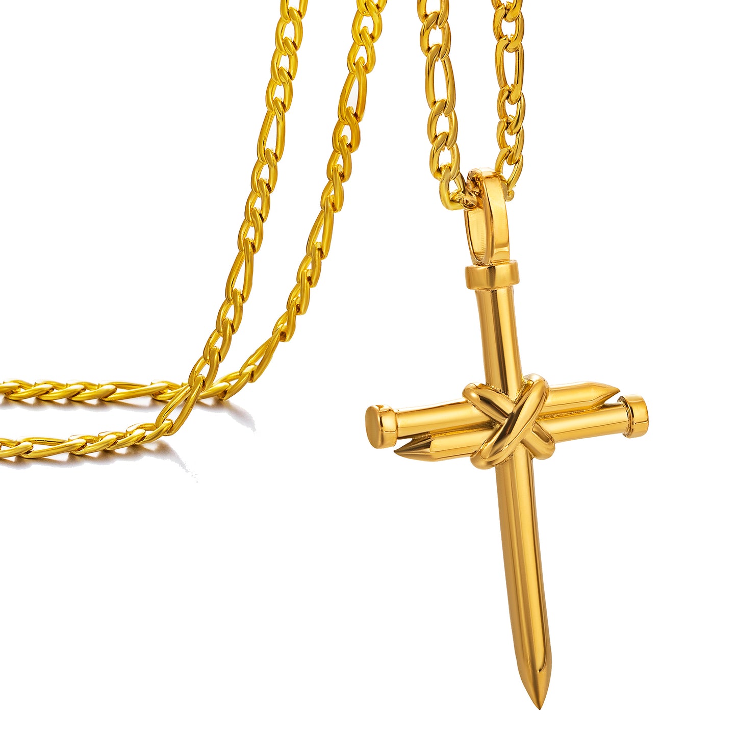 Gold Nail Cross Necklace Figaro Chain N01617