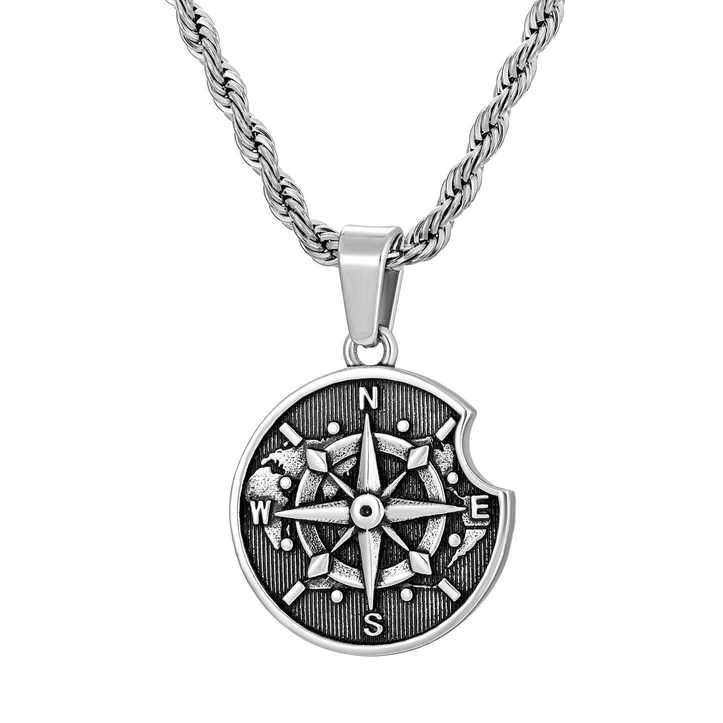 Antique Silver Apple Compass Pendant Necklace Twisted Rope Chain N00549