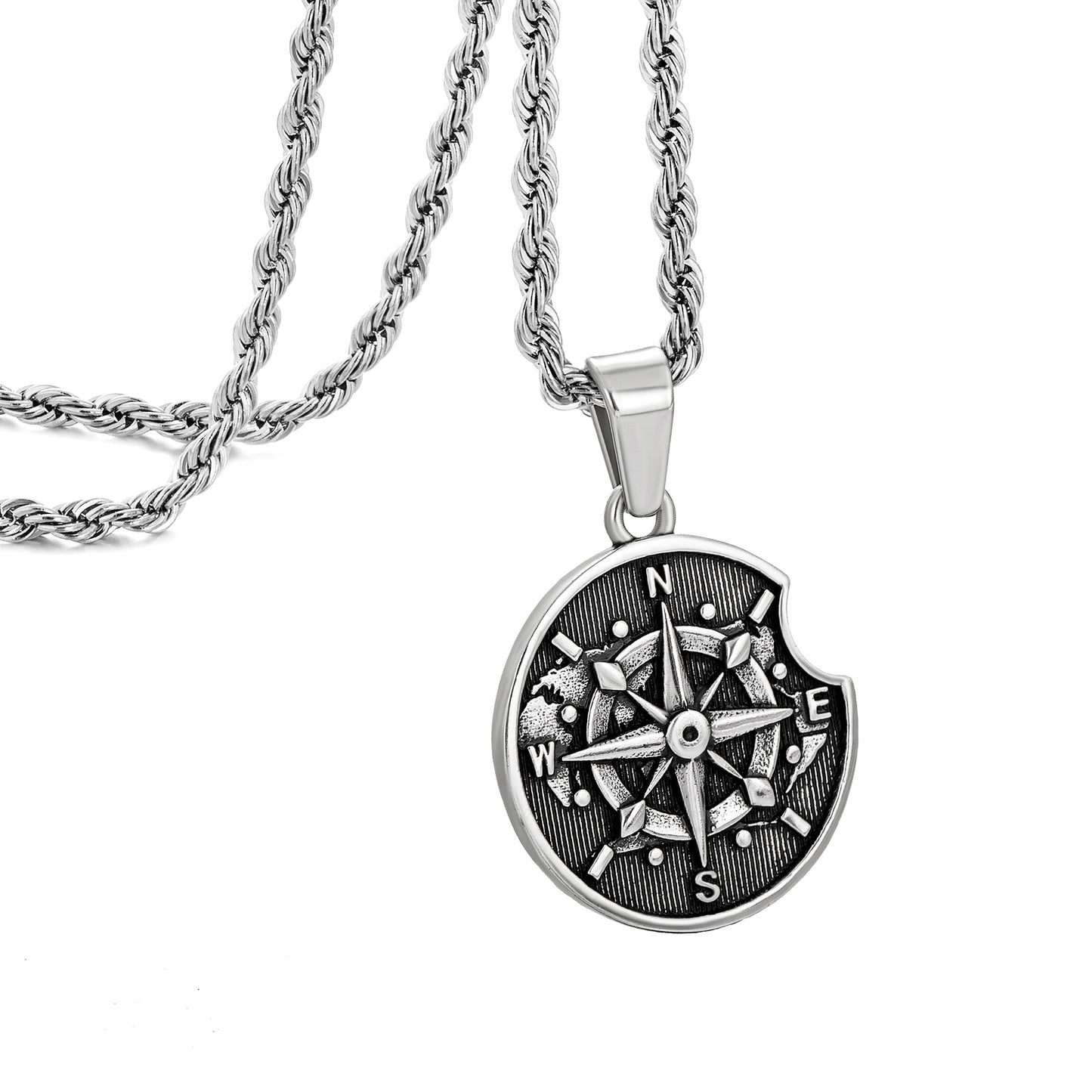 Antique Silver Apple Compass Pendant Necklace Twisted Rope Chain N00549