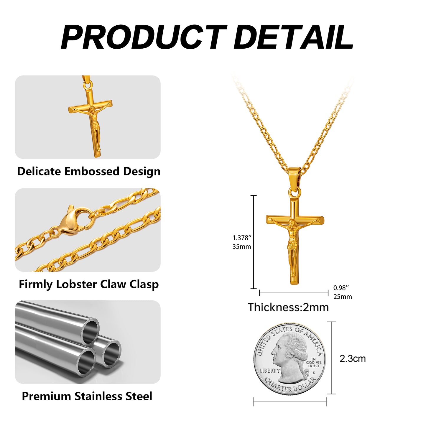 Gold Jesus Cross Necklace Figaro Chain N01790