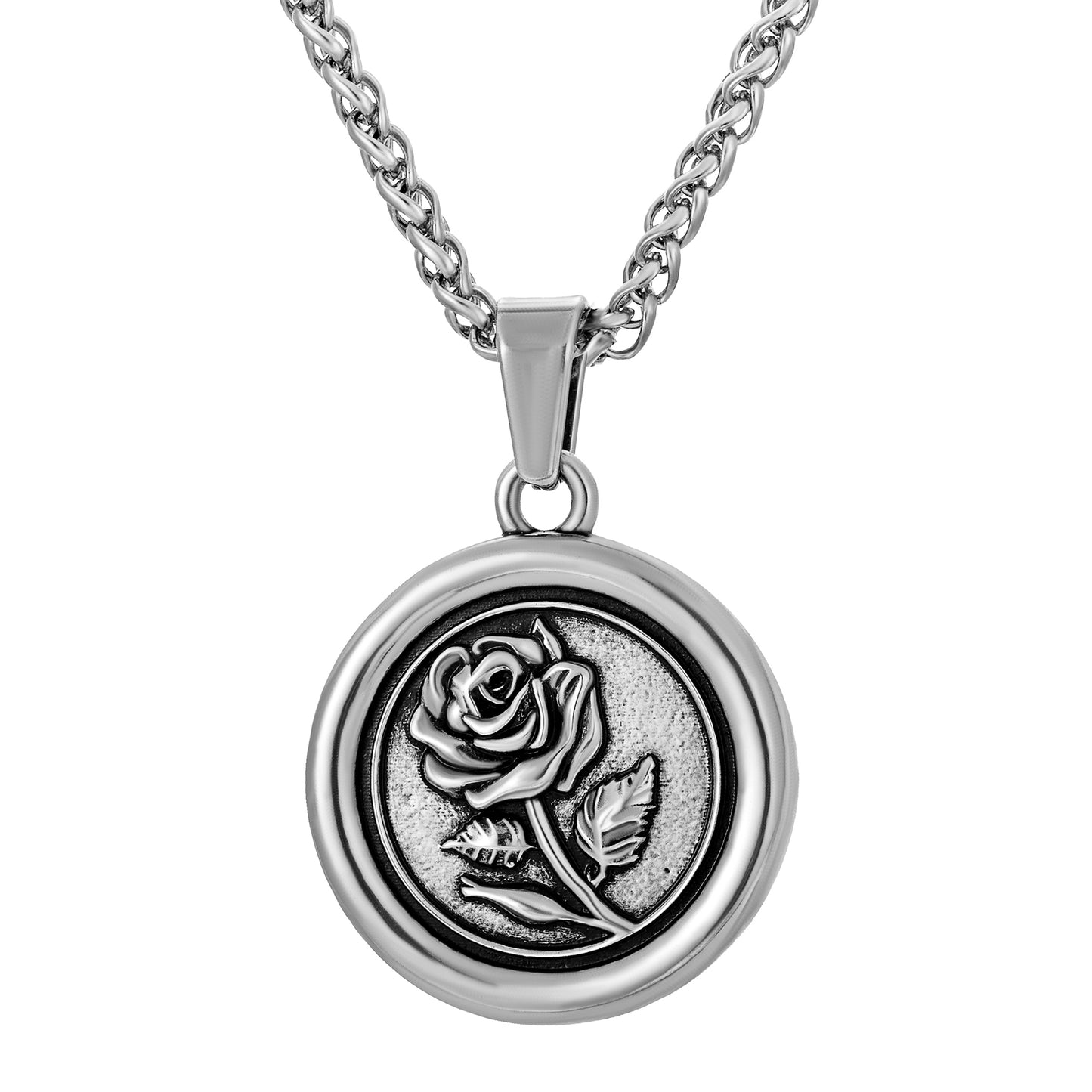 Antique Silver Rose Pendant Necklace Wheat Chain N00748