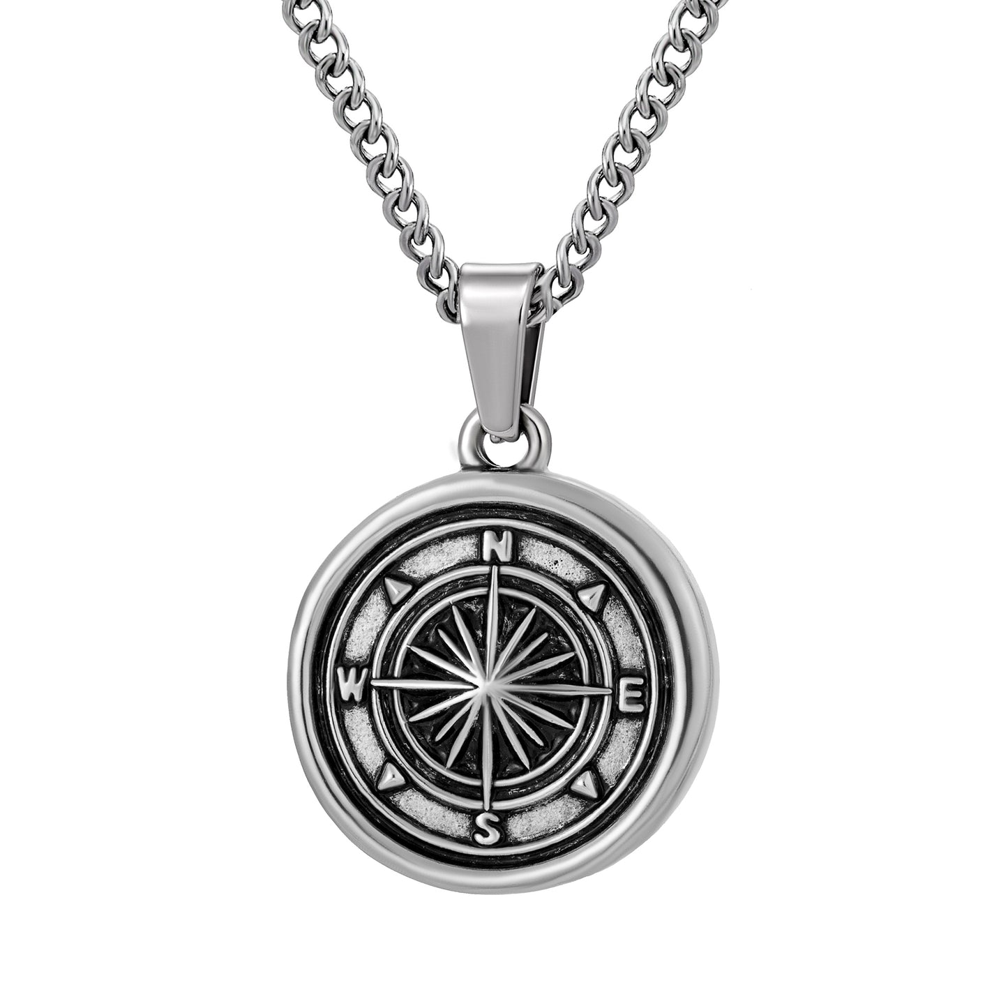 Antique Silver Compass Pendant Necklace Curb Chain N00678