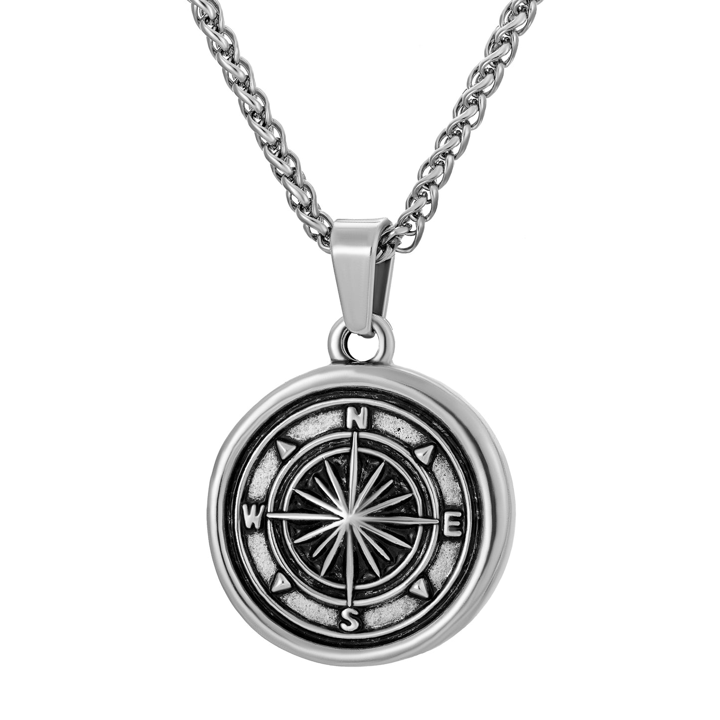 Antique Silver Compass Pendant Necklace Wheat Chain N00682