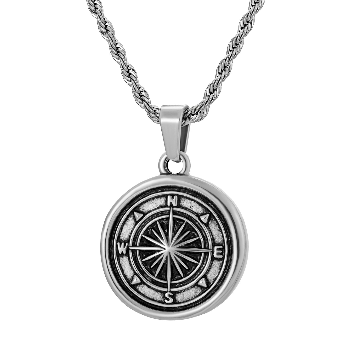 Antique Silver Compass Pendant Necklace Twisted Rope Chain N00681