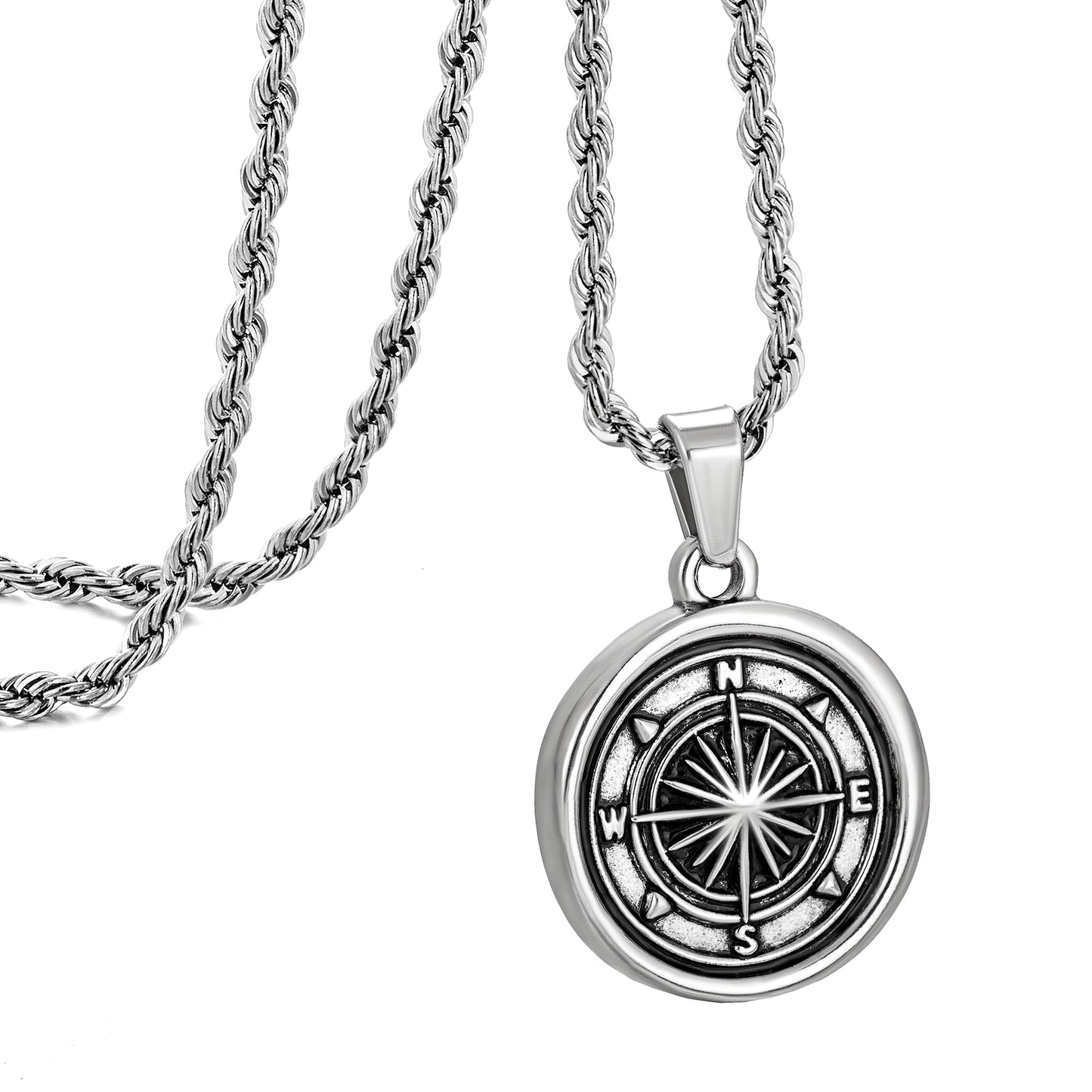 Antique Silver Compass Pendant Necklace Twisted Rope Chain N00681