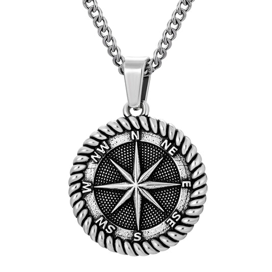 Antique Silver Compass Pendant Necklace Curb Chain N00590