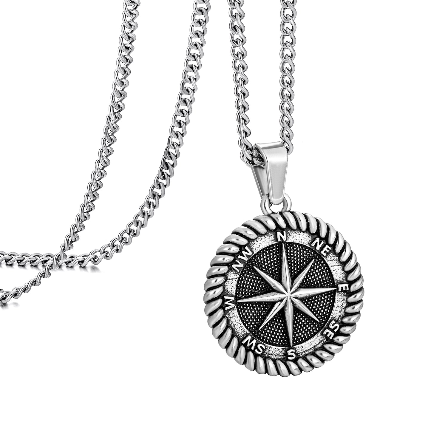 Antique Silver Compass Pendant Necklace Curb Chain N00590