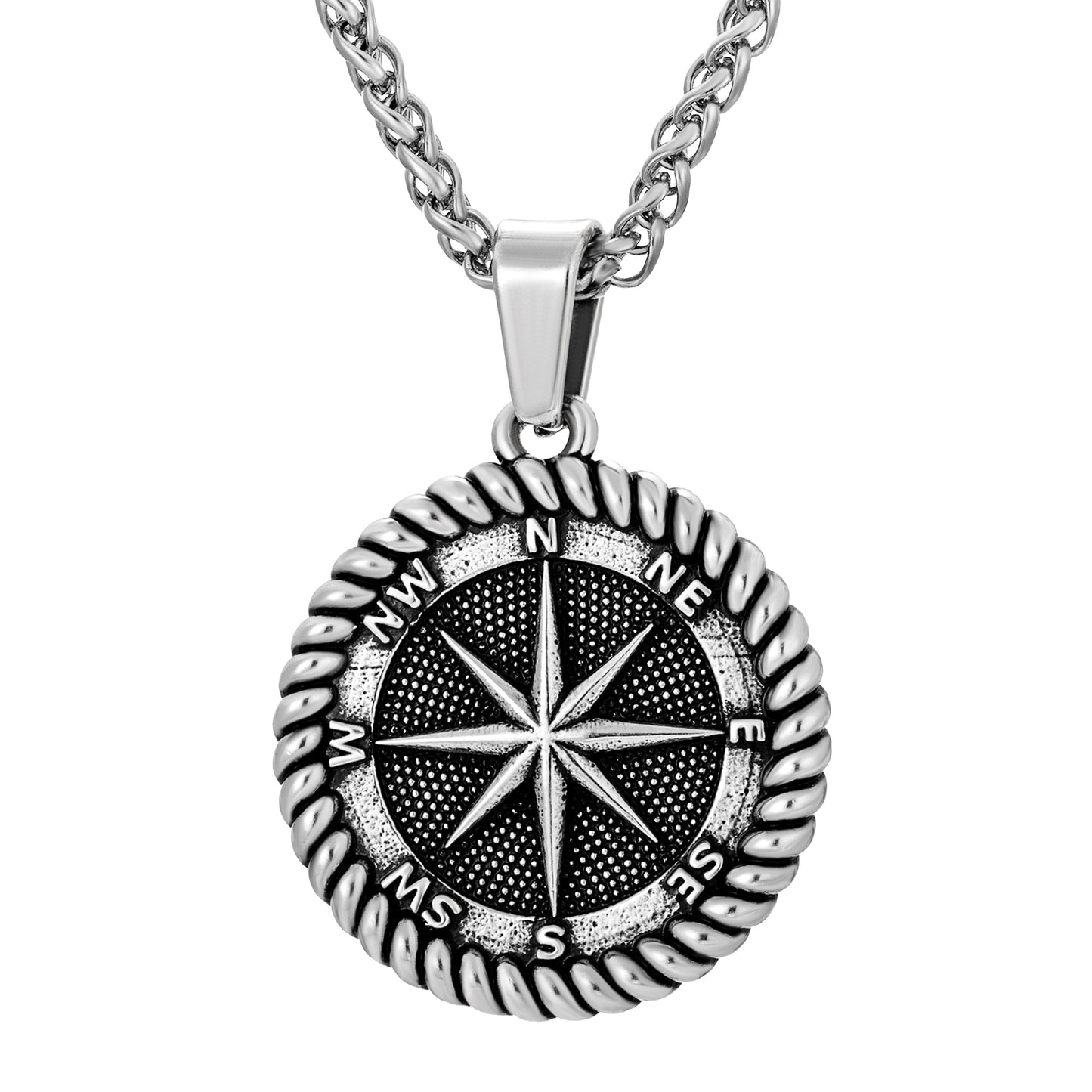 Antique Silver Compass Pendant Necklace Wheat Chain N00594