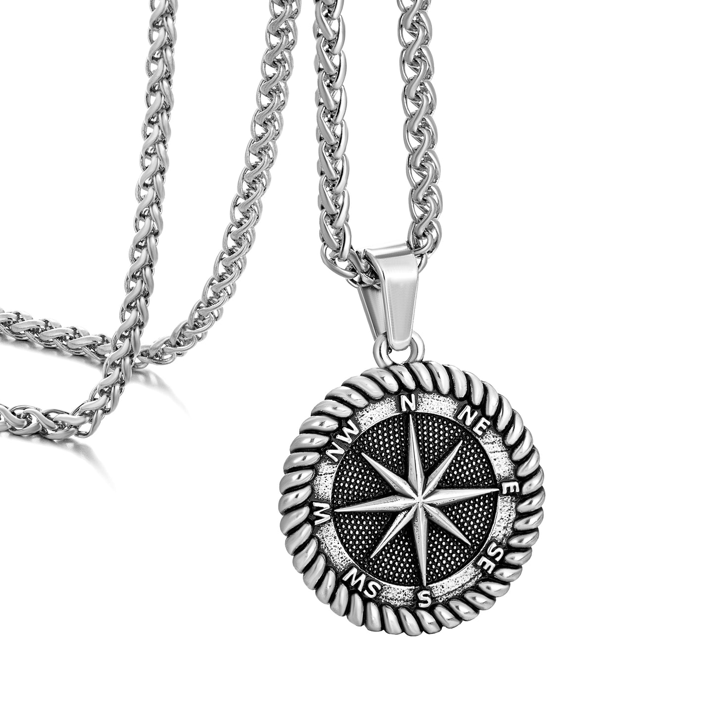 Antique Silver Compass Pendant Necklace Wheat Chain N00594