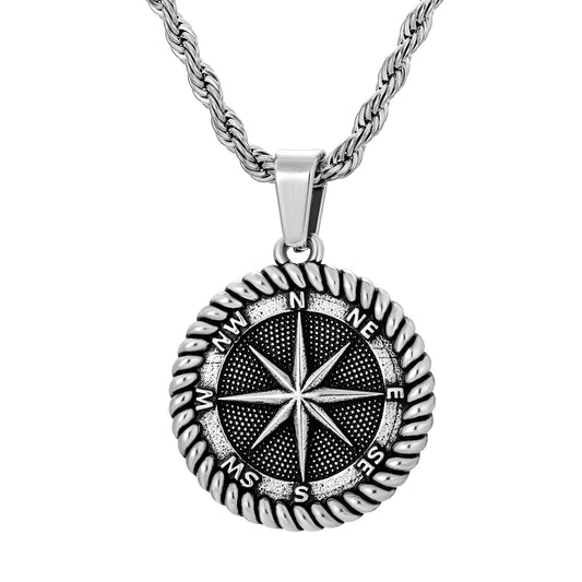 Antique Silver  Compass Pendant Necklace Twisted Rope Chain N00593